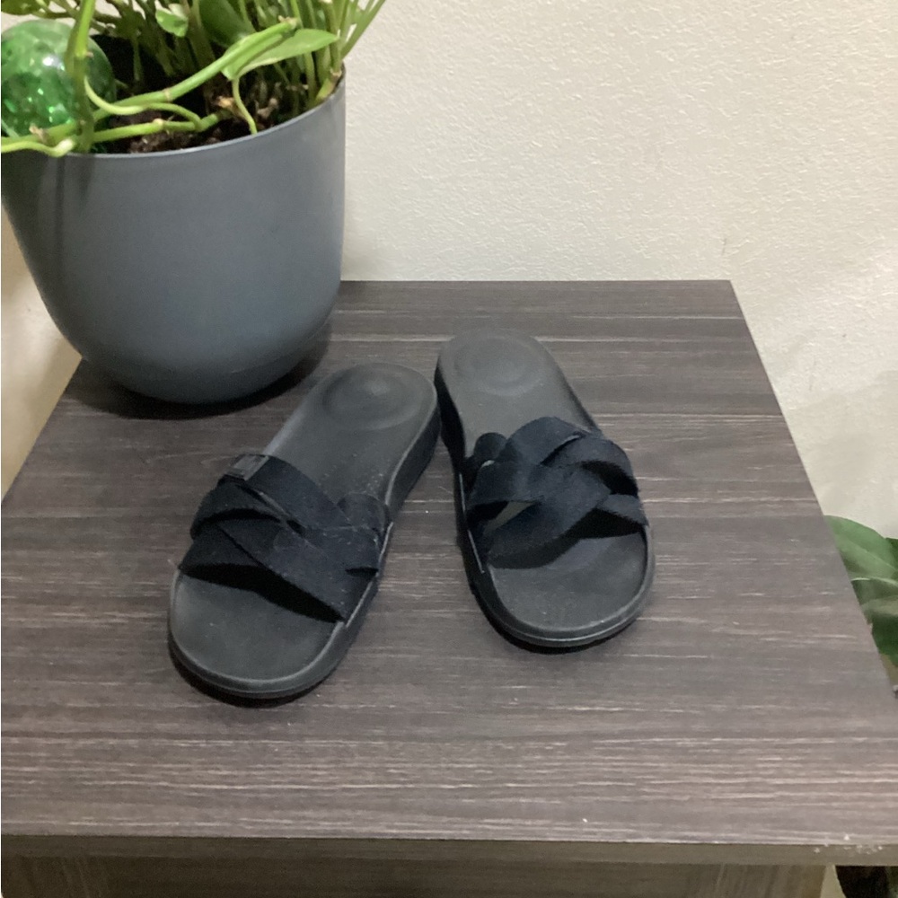 FITFLOP BLACK MIX iQUSHION MULTI STRAP SLIDES SANDALS SHOES SIZE 6